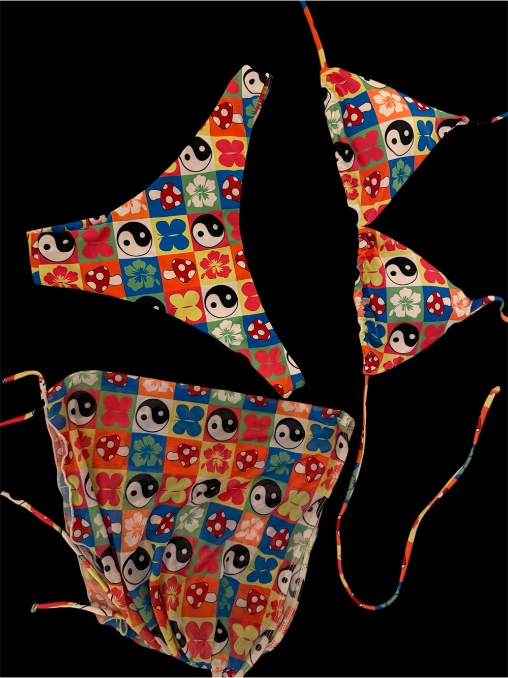 Multi-Color Yin Yang & Floral Print Bikini Set with mesh skirt